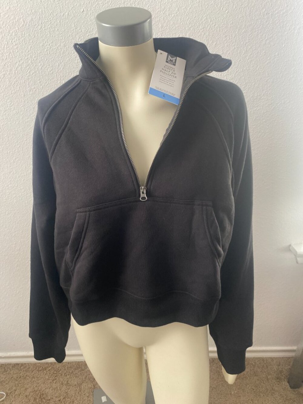 Member's Mark Women's Black Relaxed Cropped Fleece Half-Zip Pullover size L